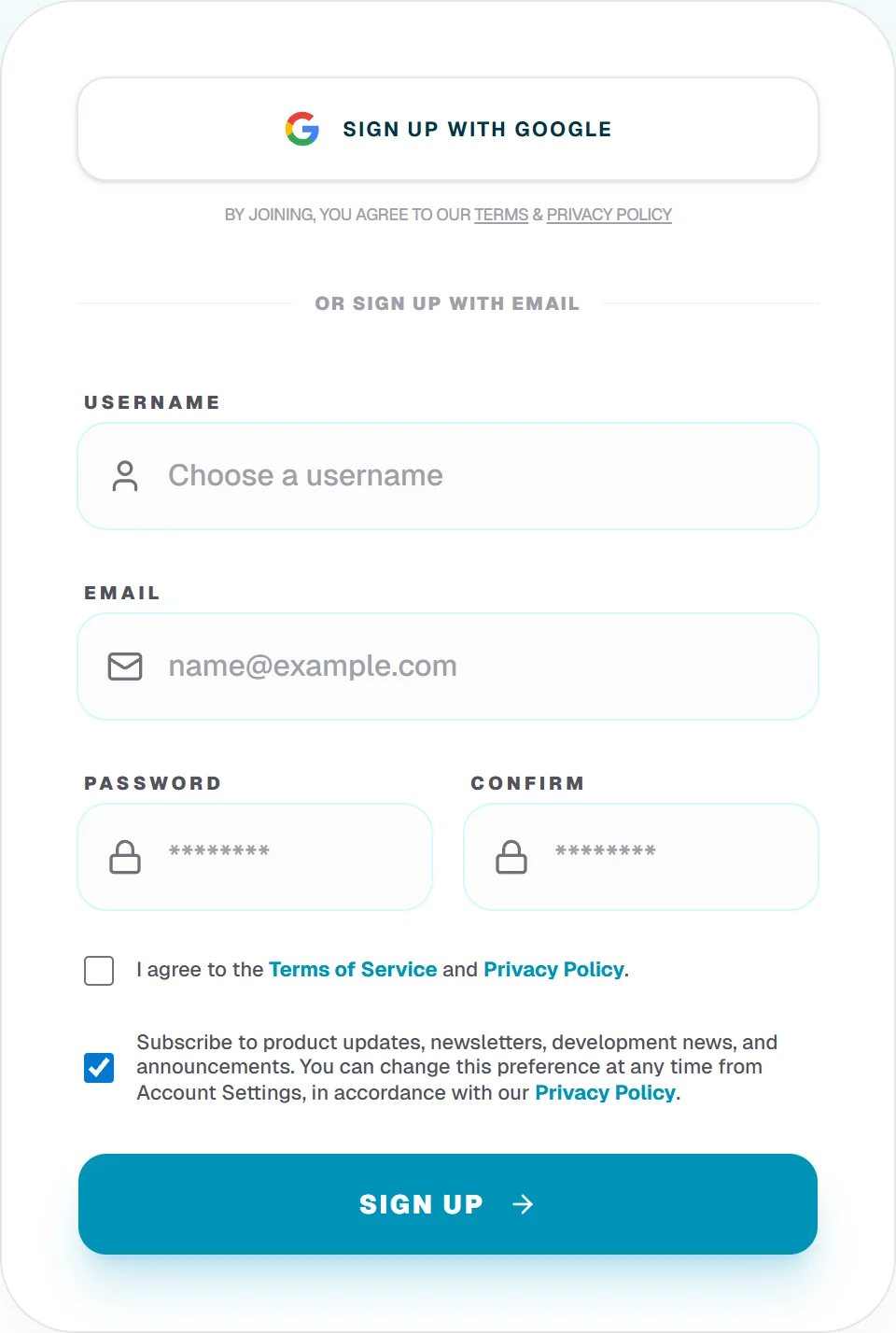 La página de registro de Fun Circle Games con correo electrónico, contraseña y Continuar con Google