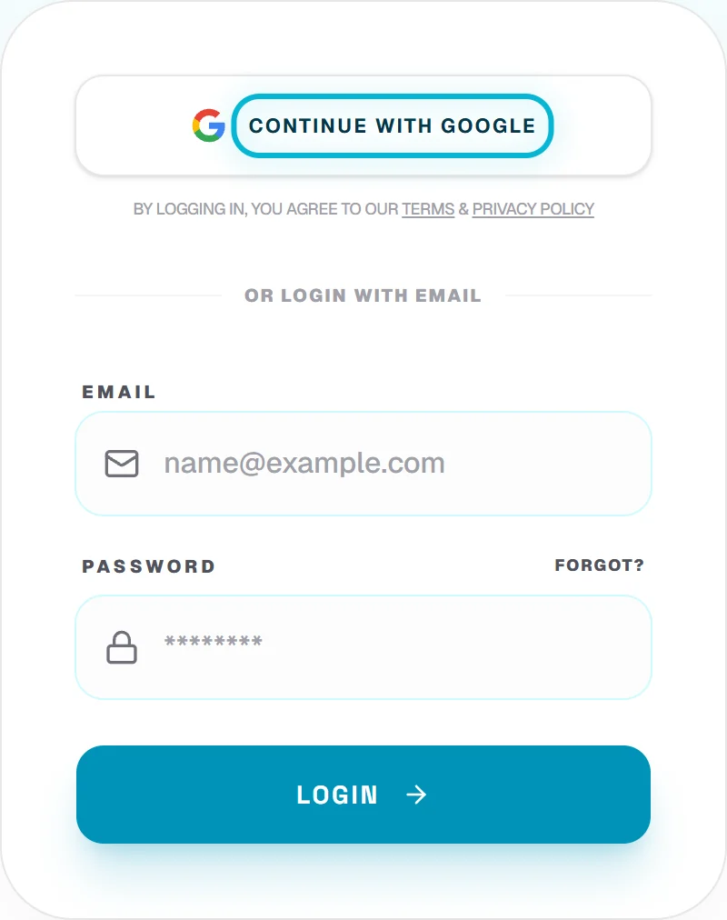La página de inicio de sesión con campos de correo electrónico y contraseña y un botón Continuar con Google