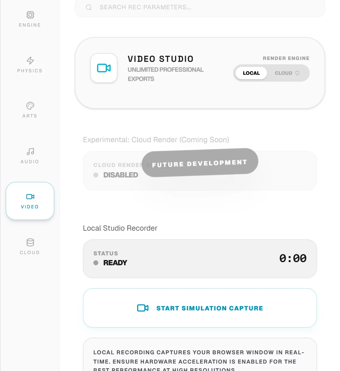 La pestaña Grabadora de video con opciones de resolución, relación de aspecto y velocidad de fotogramas