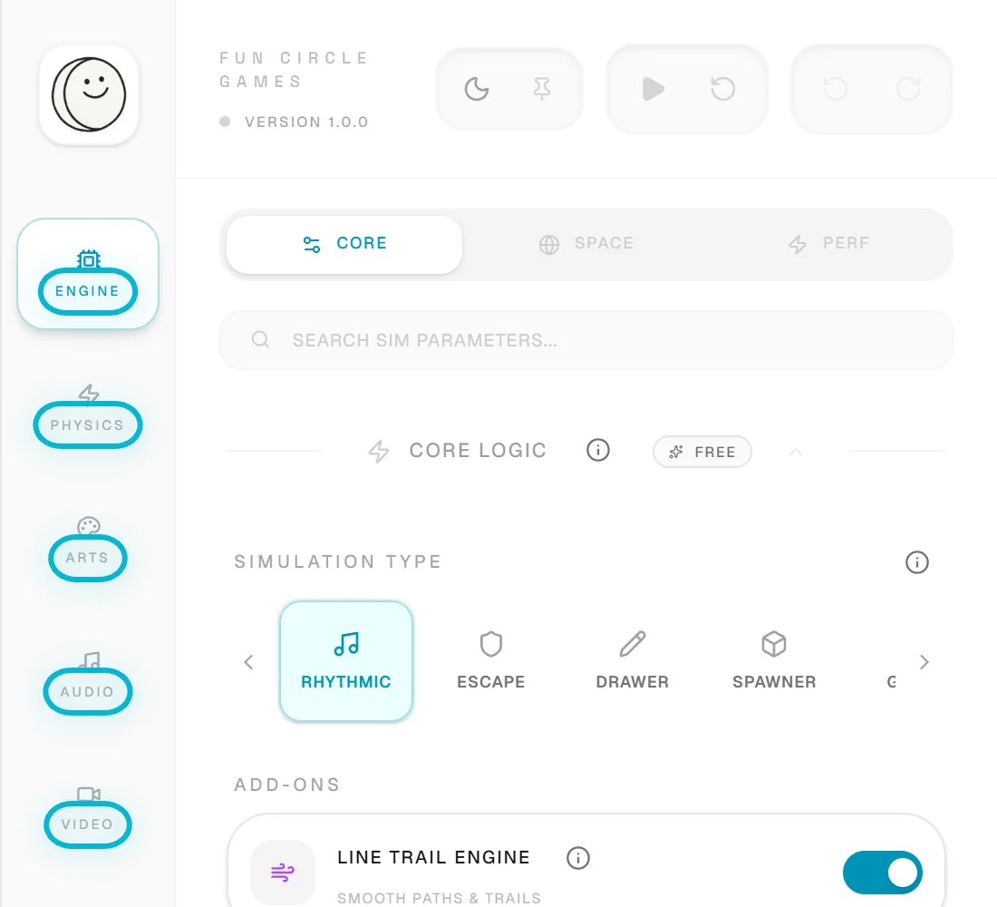 El panel de configuración de Studio con las pestañas Motor, Física, Artes, Audio, Vídeo y Nube resaltadas